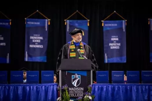 President Dr. Daniels speaking at spring 2024 graduation ceremony