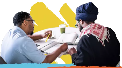 Illustration of two people looking at items on a table