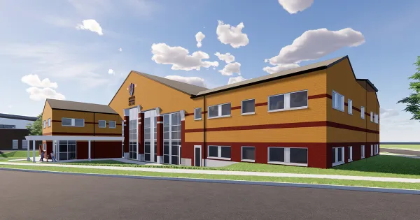 Northwest rendering of the Goodman South Campus new childcare facility
