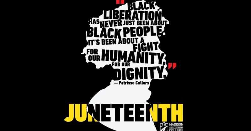 A logo for Juneteenth showing an silhouette of a person with various words in black in the foreground.