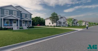 Rendering of Habitat homes, blue siding with white trim.