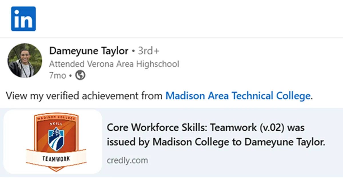 screenshot of LinkedIN post of a teamwork digital badge