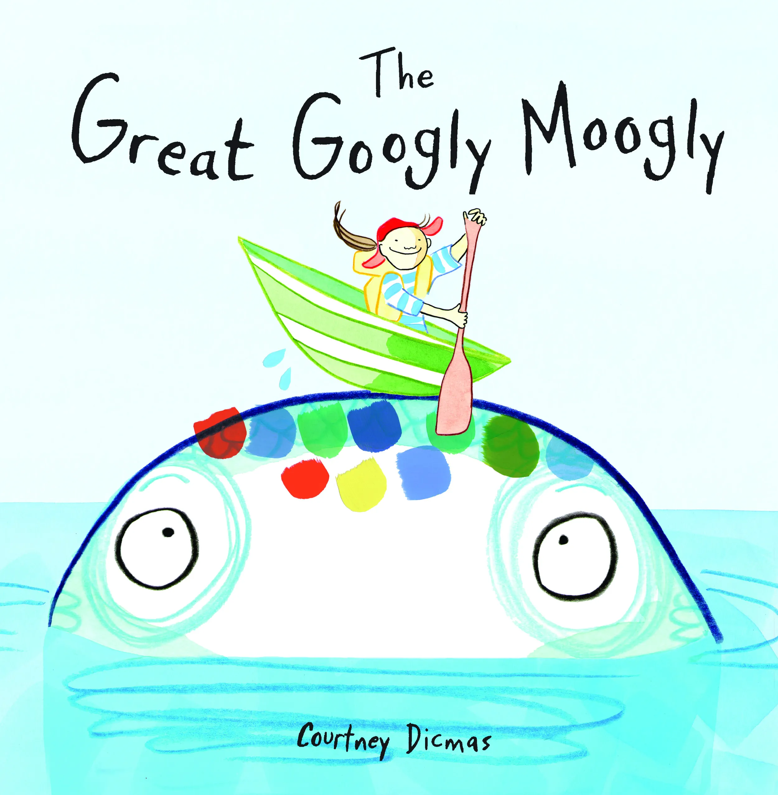 Book cover for "The Great Googly Moogly" illustration with the head of a whale and a little girl in a boat on it.