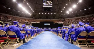 Panoramic photo of a Madison College Commencement event