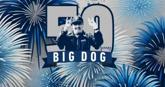 Logo showing Big Dog with fireworks and 50 years.