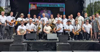 Madison College Big Band pose for a group photo during their 2024 German summer tour.