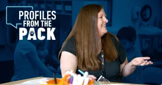 Photo of Emily Pink with the Profiles from the Pack logo.