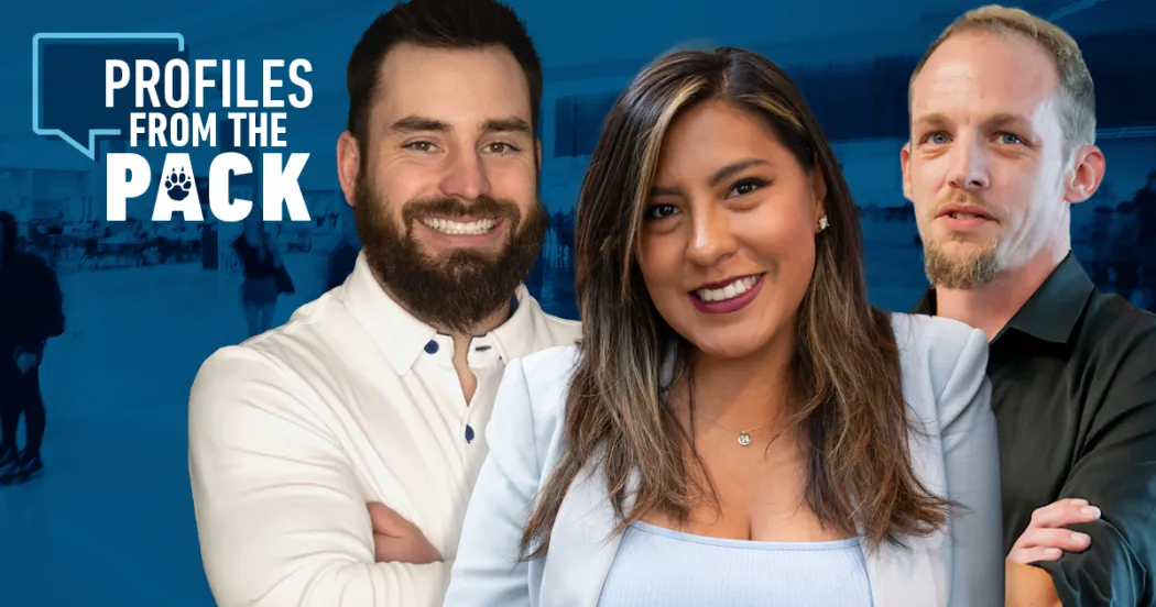 Graphic reads "profiles from the pack" with three people smiling.