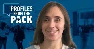 Photo of Maggie Groshan with the Profiles from the Pack logo in the background.
