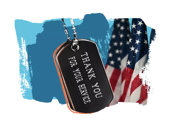 Military dog tags engraved with 'Thank you for your service'.