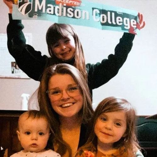Scarlett Wylde-Nunez celebrates her Madison College admission with her daughters.