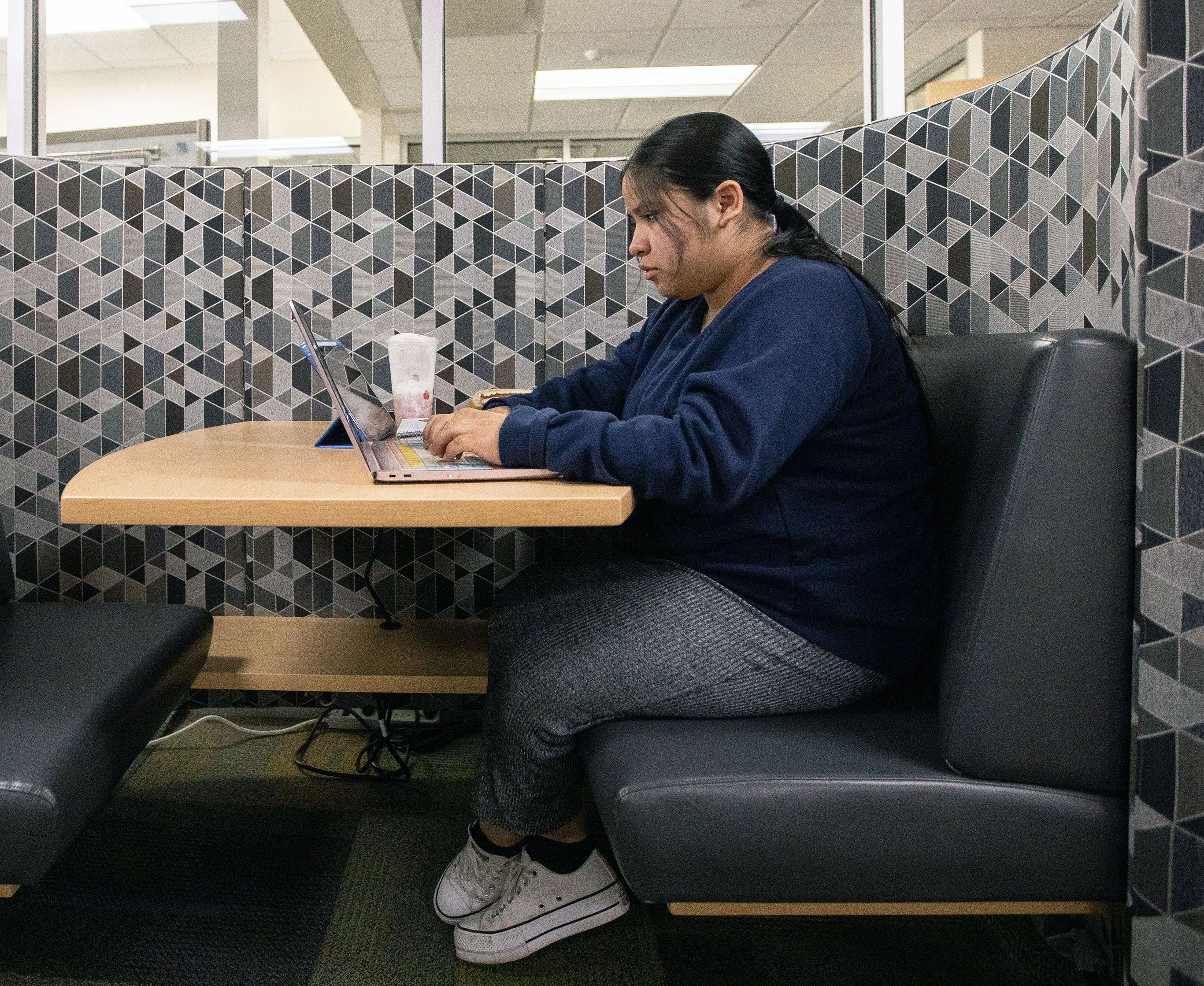 Student in study cubicle working at desk with laptop computer.