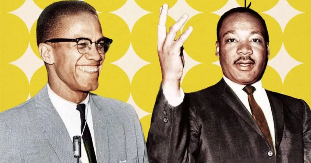 A poster for The Meeting play shows Malcolm X and Dr. Luther King Jr.
