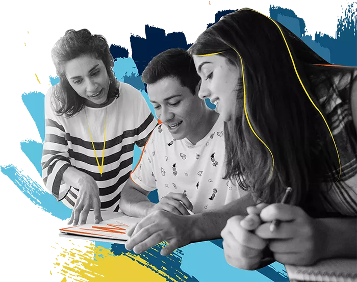 three students looking over options