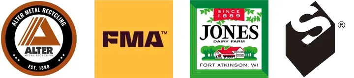 Logos for Alter Metal Recycling, Fabricators and Manufacturers Association, Jones Dairy Farm, and Spacesaver, top sponsors for this year's Metal Mania event