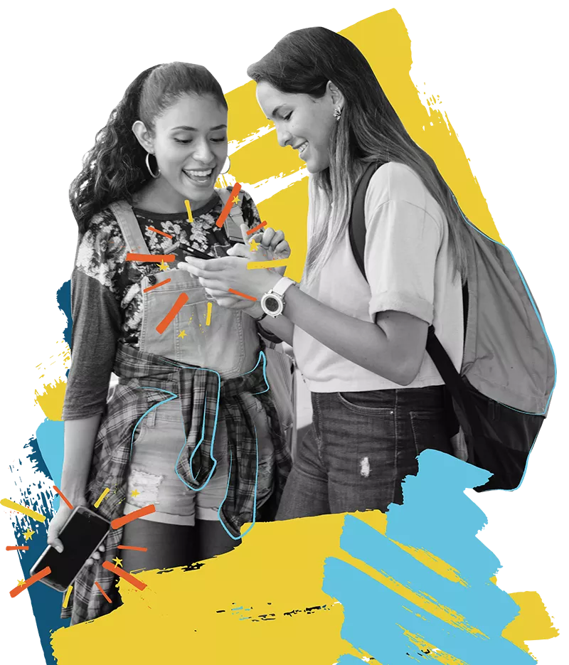 two students looking at something on a phone